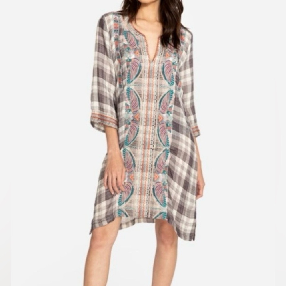 Johnny Was Workshop Bohemian Plaid Claudine Short Kaftan Tunic Dress Size Small